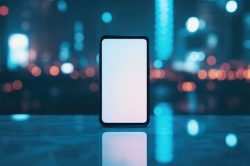 Smartphone with blank screen in a vibrant city night background.