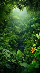 Lush jungle foliage, stream, vibrant flowers.