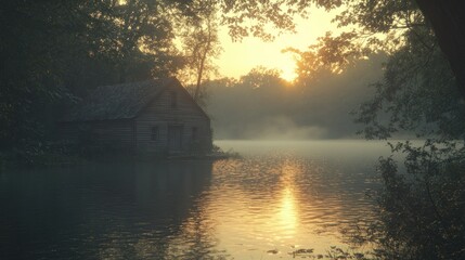 Fototapeta premium Misty sunrise over a tranquil lake, with a weathered cabin on the water's edge. Sunbeams pierce the fog, illuminating the still water