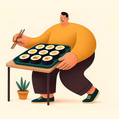 A man eats sushi with chopsticks, celebrating mindful eating and cultural appreciation through stylized simplicity. Generated AI.