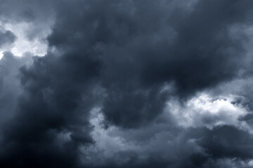 Stormy dark cloudy sky. Pollution, PM 2.5, Carbon dioxide and environment problems concept. Halloween, scary scene thunderstorm and rainy season backdrop.