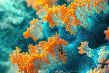 Abstract microscopic image depicting vibrant orange and teal structures, resembling coral or cellular formations.