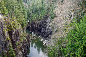 A stunning view of the river gorge downstream of Cleveland Dam in North Vancouver, British Columbia, Canada, surrounded by lush green forests and rugged cliffs