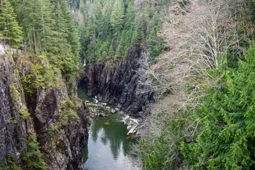 Fototapete A stunning view of the river gorge downstream of Cleveland Dam in North Vancouver, British Columbia, Canada, surrounded by lush green forests and rugged cliffs © Babak