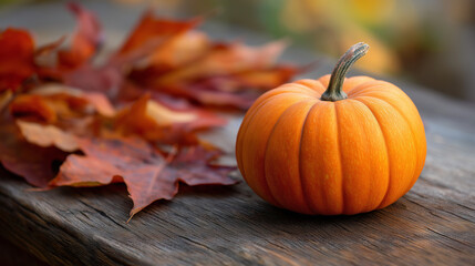 Vibrant orange pumpkin on rustic wood with autumn leaves