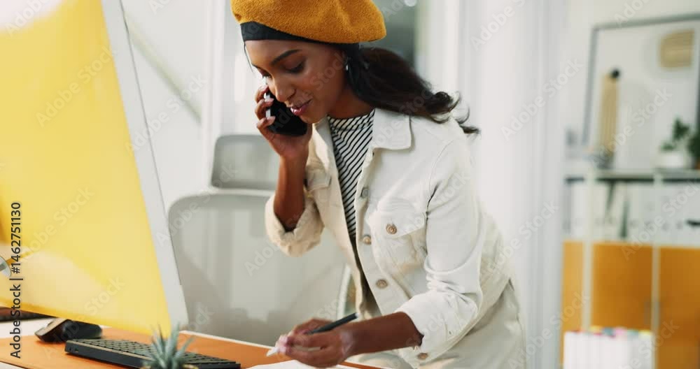 Poster creative woman, notes and phone call with computer for discussion, questions and schedule story. fem