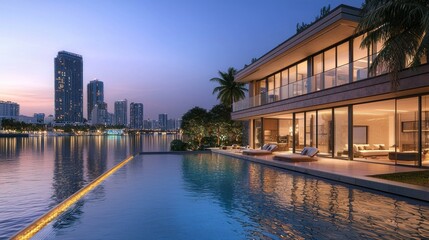 Luxurious waterfront home with a modern design, overlooking a vibrant city skyline at sunset.  A sophisticated infinity pool and lounge area invite relaxation