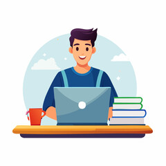 Minimal flat vector of teenager using laptop for study – digital learning cartoon on white background