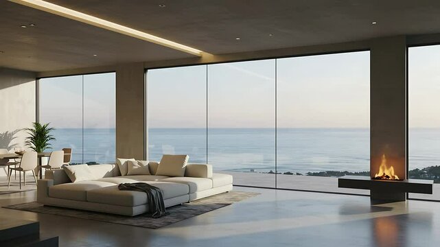 Modern living room with a panoramic ocean view, cozy seating area, and a warm fireplace ambiance