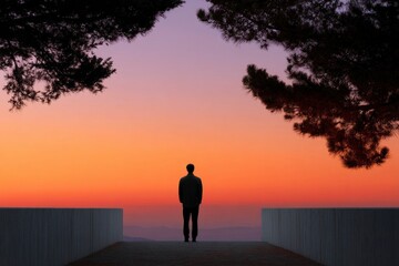 Fototapeta premium Solitary Figure at Sunset: A Minimalist Landscape Silhouette