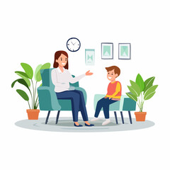 Minimal flat vector of child in therapy session – mental health cartoon on white background