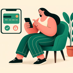 A woman uses her phone for secure online payment, reflecting digital ease and confidence in modern technology. Generated AI.