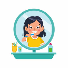 A minimal flat vector of a happy child brushing teeth with a toothbrush and toothpaste in front of a bathroom mirror, white background