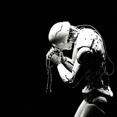 humanoid robot in prayer pose with hands together, dramatic lighting and cybernetic mechanical design, emotional futuristic android captured in symbolic contemplative gesture
