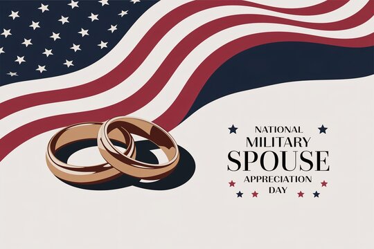 Patriotic image features wedding rings with the American flag for military spouse appreciation.