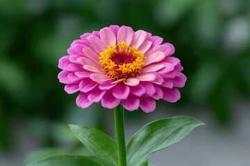 Obraz premium Zinnia Bloom: Delicate Pink Petals, Vibrant Yellow Center, Serene Garden