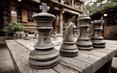 Wooden chess pieces on rustic board