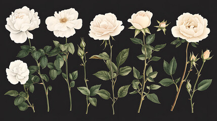 Antique rose varieties botanical study featuring delicate white blooms and lush green foliage. composition showcases various stages of growth, evoking sense of elegance and nostalgia