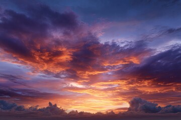 Obraz premium Fiery Sunset Cloudscape: A Dramatic and Colorful Celestial Canvas