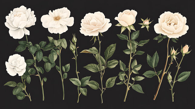 Antique rose varieties botanical study featuring delicate white blooms and lush green foliage. composition showcases various stages of growth, evoking sense of elegance and nostalgia
