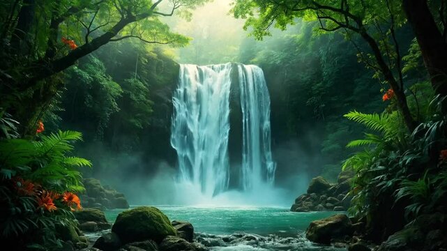 A waterfall is surrounded by lush green trees and a body of water