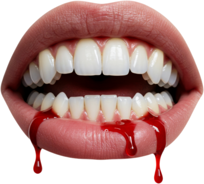 Close-up of a human mouth with blood dripping from the lips, evoking a vampire or horror theme. The image is hyper-realistic and emotionally intense with a dark, dramatic tone - Powered by Adobe