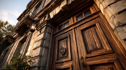 Aged Wooden Doorway with Stone Facade
