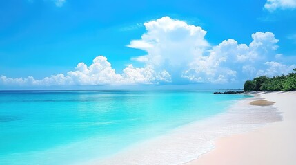 Fototapeta premium Tranquil Turquoise Sea, White Sandy Beach, and Lush Green Island Under Cloudy Sky