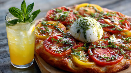 Delicious summer heirloom tomato pizza topped with creamy burrata and fresh herbs, paired with refreshing citrus drink. perfect meal for warm days