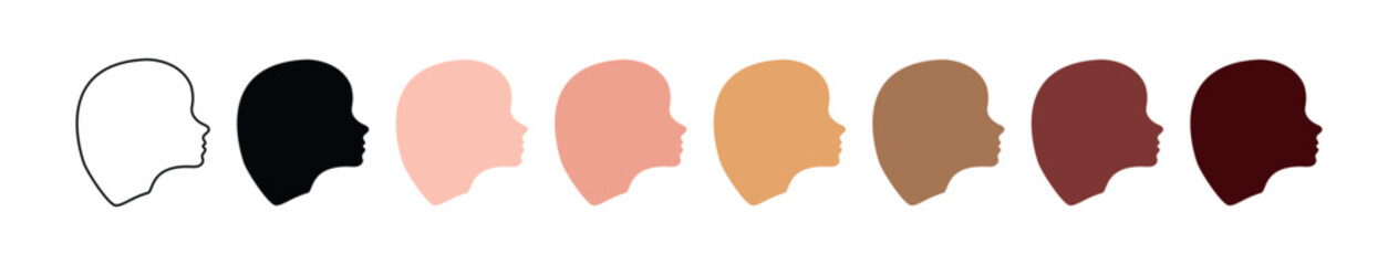Set of Diverse Human female Faces in Profile Silhouettes and Outline with Different Skin Tones. Concept of Woman, Head, Diversity, Inclusivity, Ethnicity, People. Clipart for Design. White background