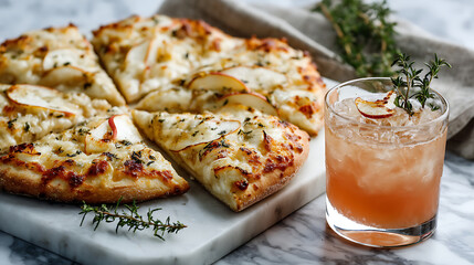 Delicious pizza topped with spiced pear and herbs, served alongside refreshing cocktail garnished with apple slices. This combination offers delightful culinary experience