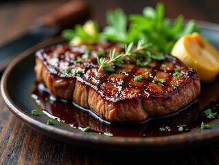 Seared steak, balsamic glaze, roasted garlic, thyme sprigs, gastronomy, food, texture