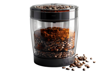 Coffee grinder with beans, and ground coffee.