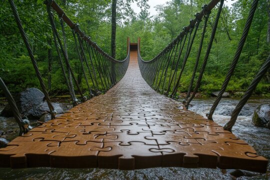 Puzzle piece bridge stretches across a river in a lush green forest view