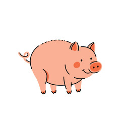 Pink cartoon pig, rural scene. Flat vector illustration on white background