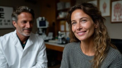 Eye examination room with equipment and a patient seeing a chiropractor for vision.