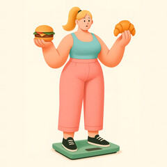 A woman stands on a scale holding a burger and croissant, illustrating food choice anxiety and body image pressure. Generated AI.