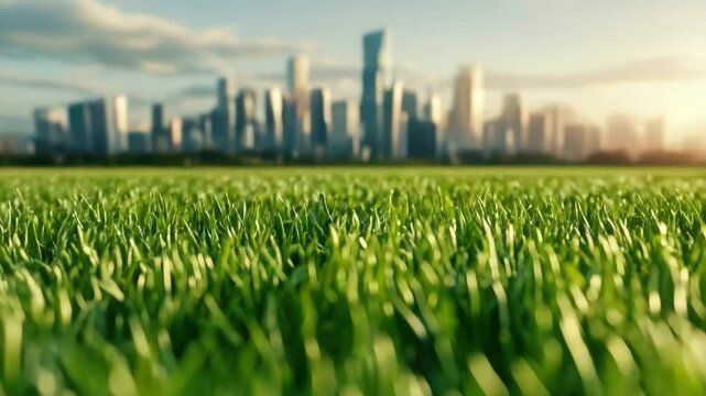 Vibrant grass in the foreground with a blurred city skyline in the background, capturing the harmony between nature and urban life.