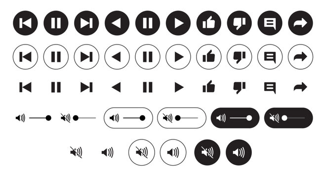 set of Black and white media control icons vector with transparent PNG background, multimedia interface buttons including play, pause, rewind, skip, forward, volume sliders, like, dislike, share icon