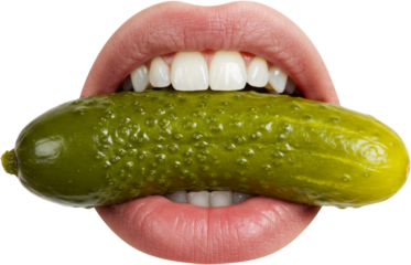 Close-up of a mouth biting a pickle, featuring glossy lips, white teeth, and detailed texture—ideal for bold food concepts, edgy advertising, or humorous visual content