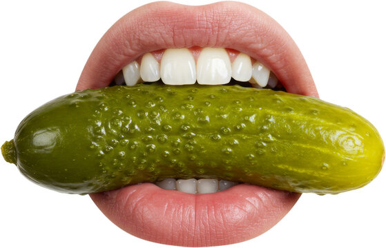 Close-up of a mouth biting a pickle, featuring glossy lips, white teeth, and detailed texture—ideal for bold food concepts, edgy advertising, or humorous visual content