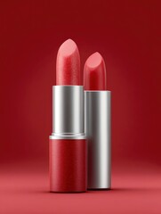 Crimson Lipstick Duo: Elegant Silver and Red Tubes