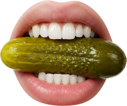 Close-up of a mouth biting a pickle, featuring glossy lips, white teeth, and detailed texture—ideal for bold food concepts, edgy advertising, or humorous visual content