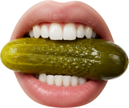 Close-up of a mouth biting a pickle, featuring glossy lips, white teeth, and detailed texture—ideal for bold food concepts, edgy advertising, or humorous visual content