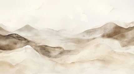 Gentle hills and mountains blend seamlessly in shades of brown and beige. A tranquil atmosphere is created by soft textures and a muted, overcast sky, evoking calmness