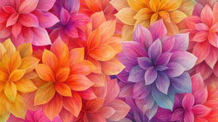 Obraz premium A beautiful composition features large, vividly colored flowers in hues of pink, orange, and purple, blending harmoniously to form an eye-catching backdrop that radiates joy