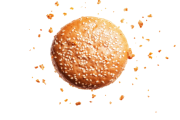 Top view of fresh sesame seed hamburger bun with crumbs, cut out - stock png.