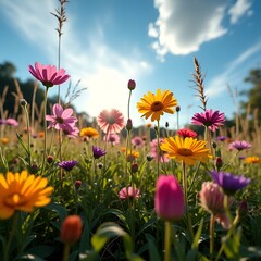 Fototapeta premium Vibrant wildflowers in a sunny meadow