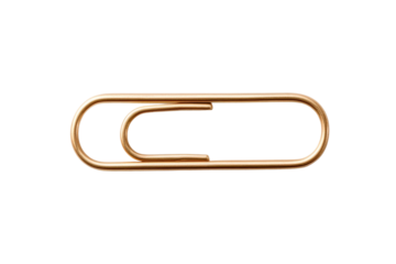 Gold paperclip isolated on white background for office supplies, cut out - stock png.