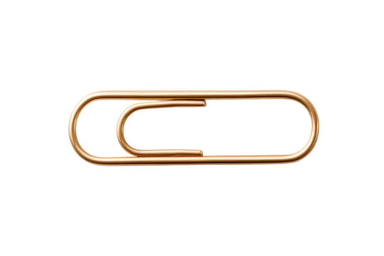 Gold paperclip isolated on white background for office supplies, cut out - stock png.
